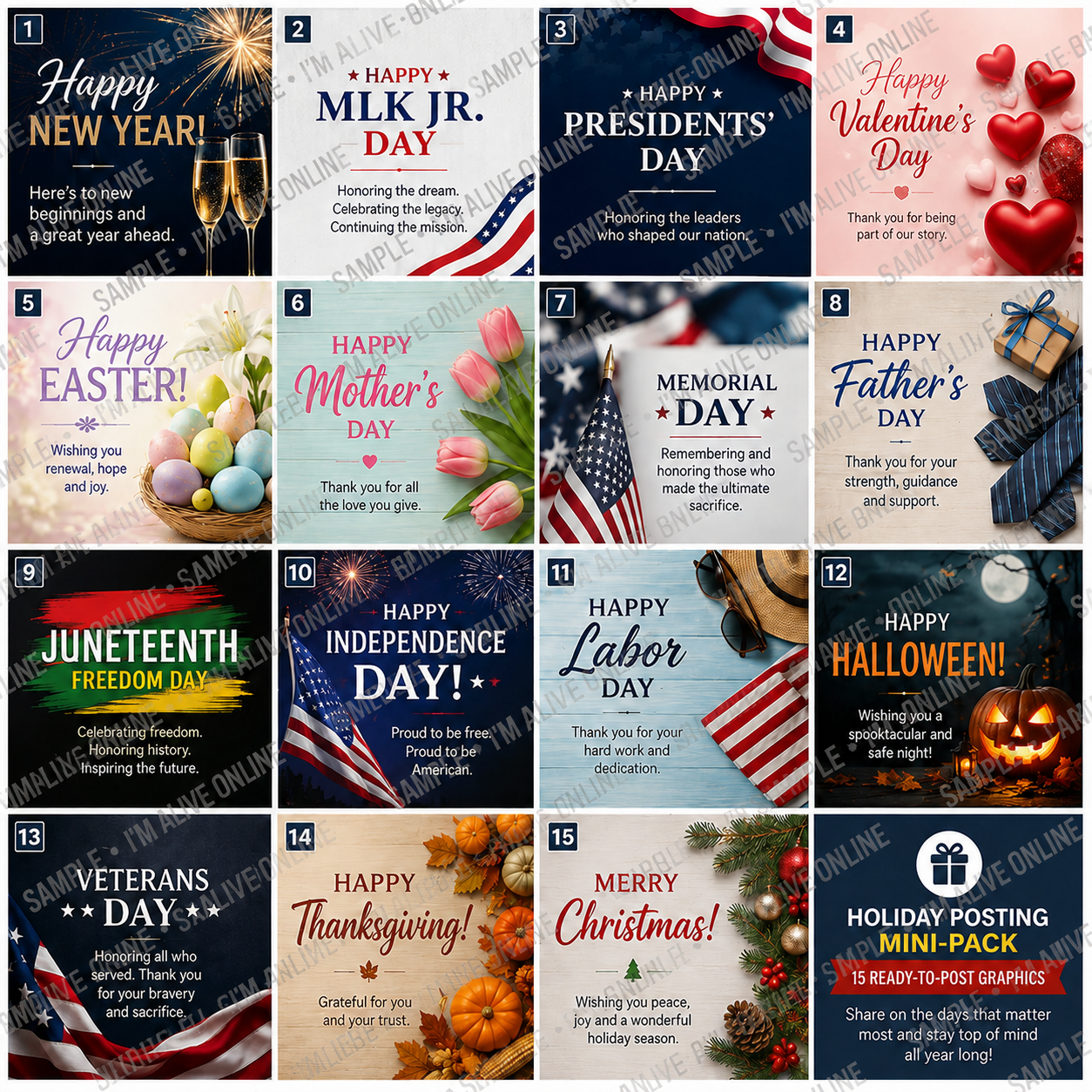 Collage showing 15 ready-to-post holiday graphics for major U.S. holidays and observances.