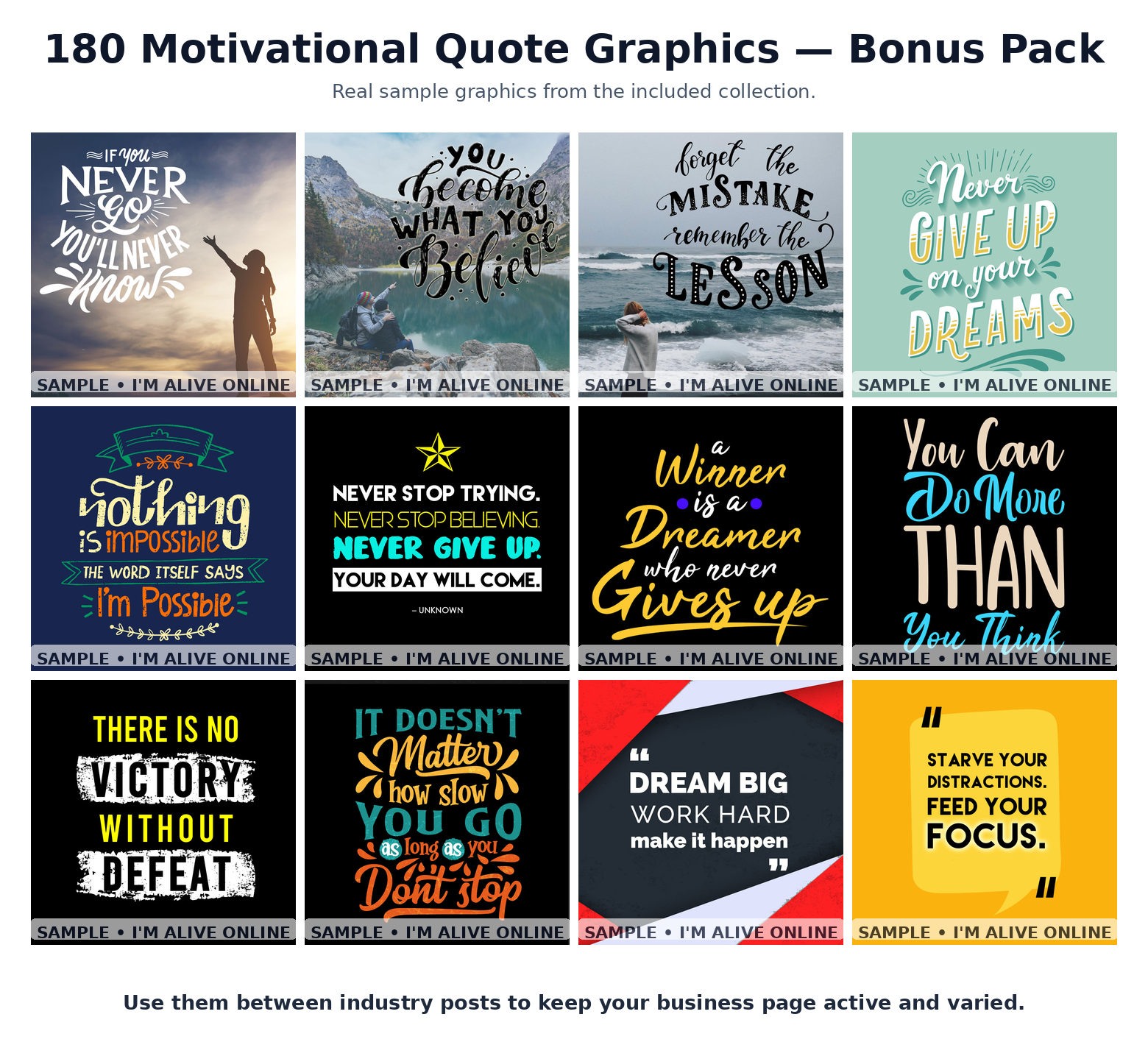 Sample motivational quote graphics from the included 180-graphic Motivational Bonus Pack.