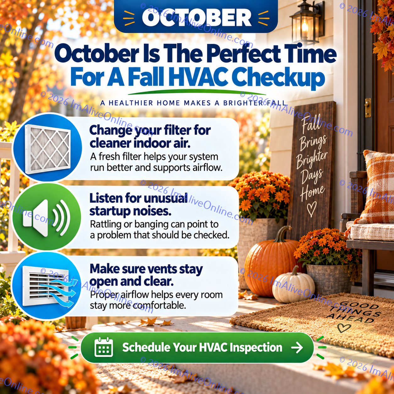 Seasonal HVAC social media graphic promoting an October fall system checkup