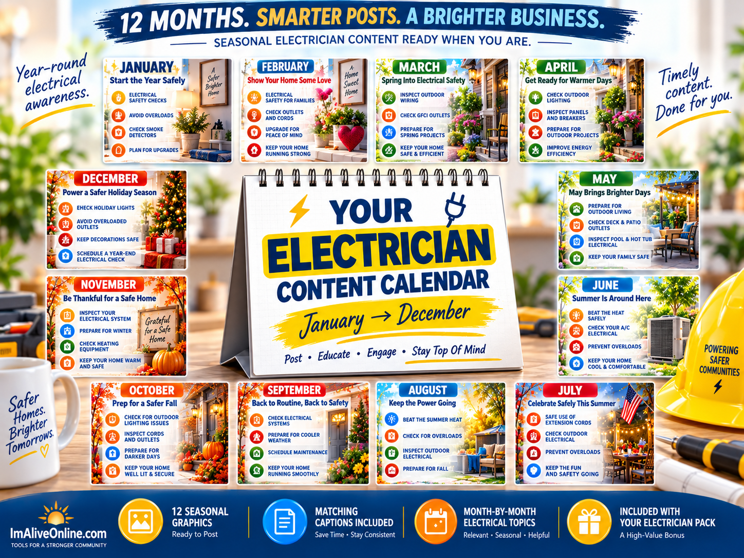 Electrician seasonal content calendar showing 12 month-specific ready-to-post social media graphics from January through December.