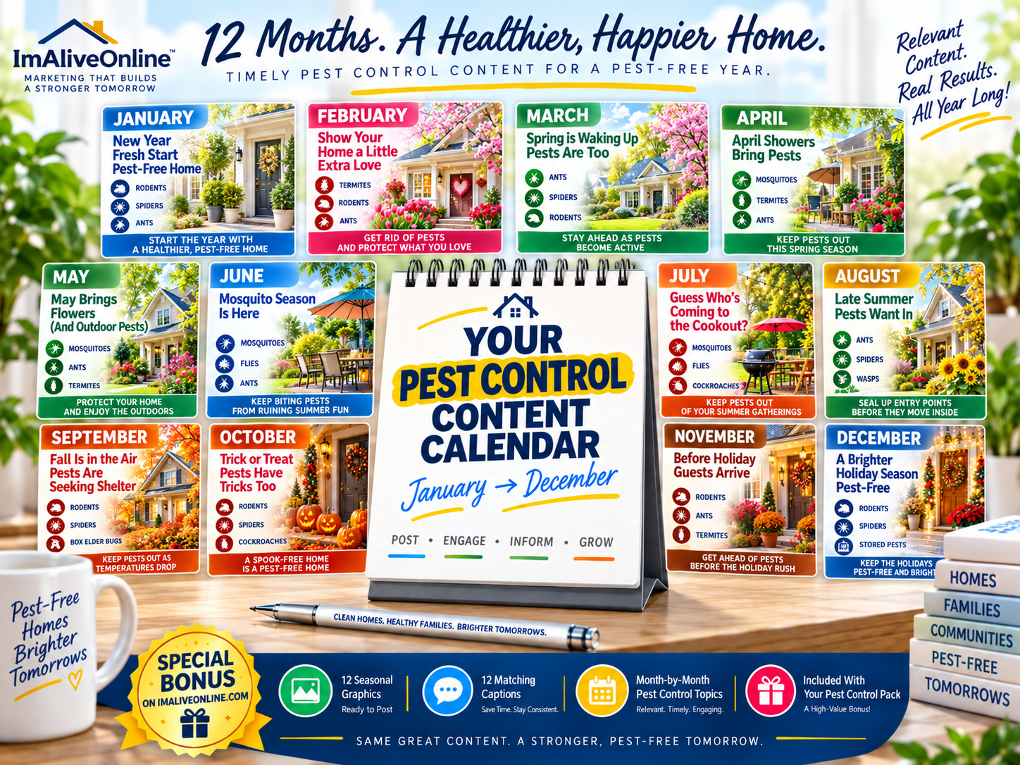 12-month pest control seasonal content calendar with ready-to-post monthly graphics and matching captions