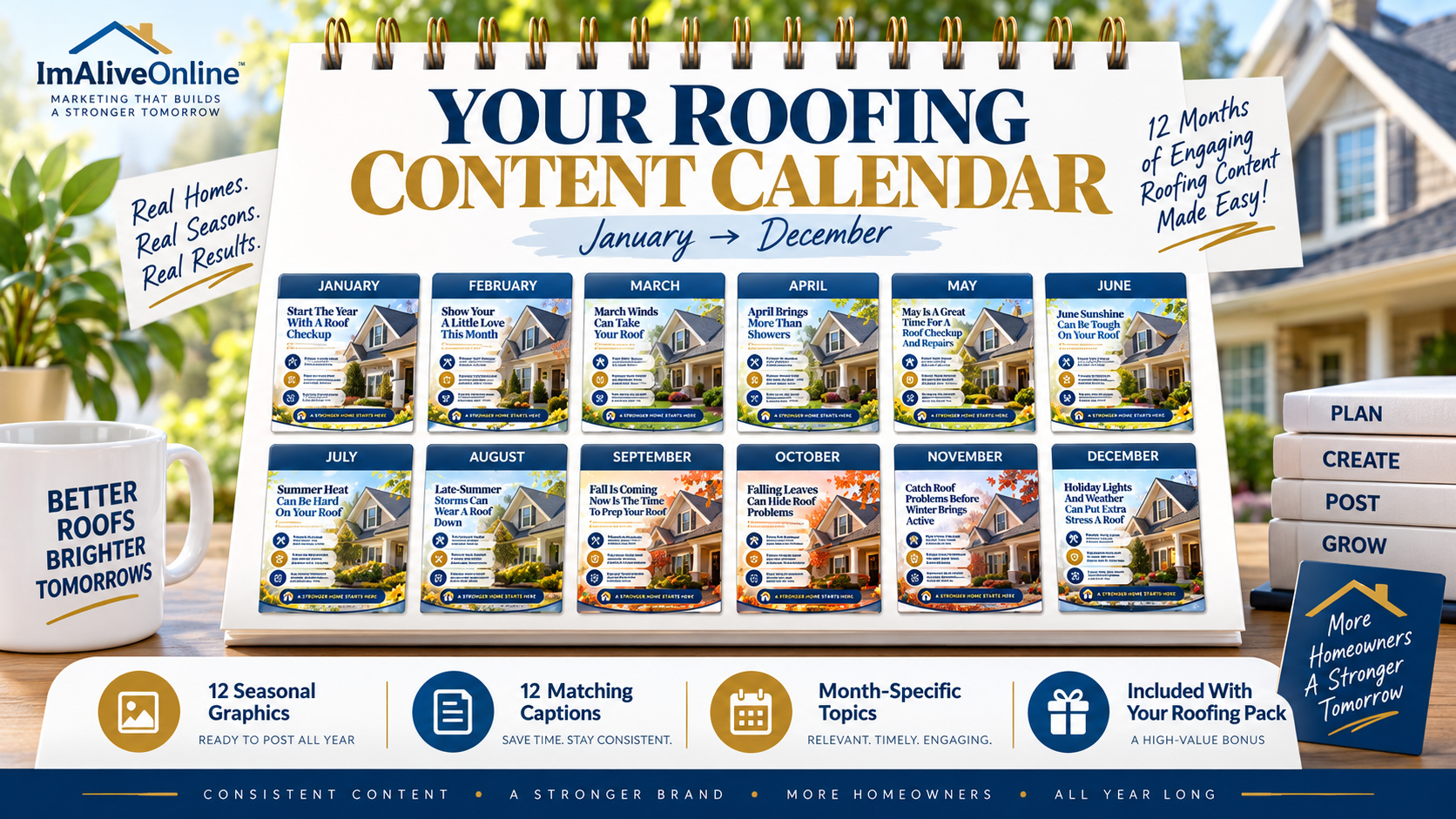 12-month roofing seasonal content calendar with ready-to-post monthly graphics and matching captions