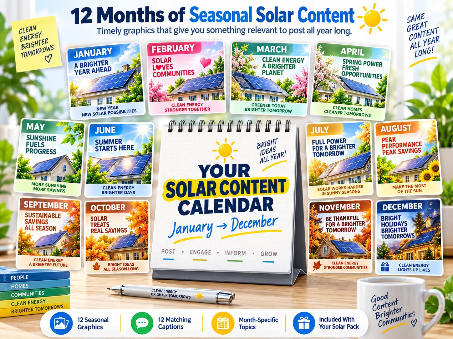 12-month solar seasonal content calendar with ready-to-post monthly graphics and matching captions