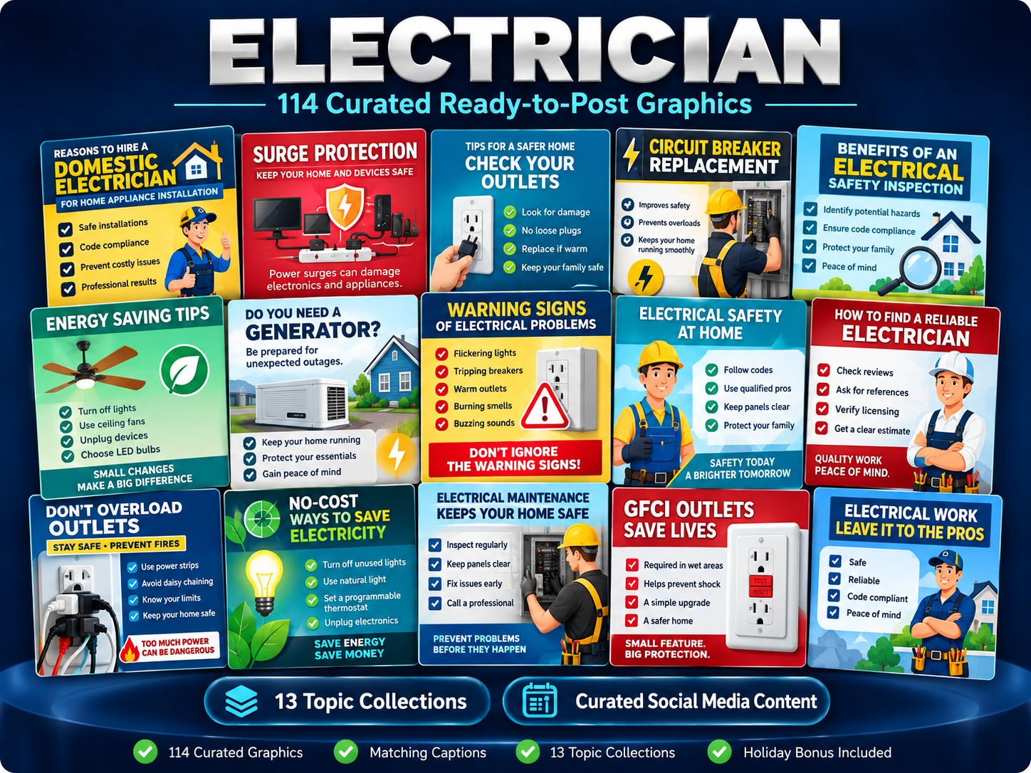 114 curated ready-to-post electrician social media graphics