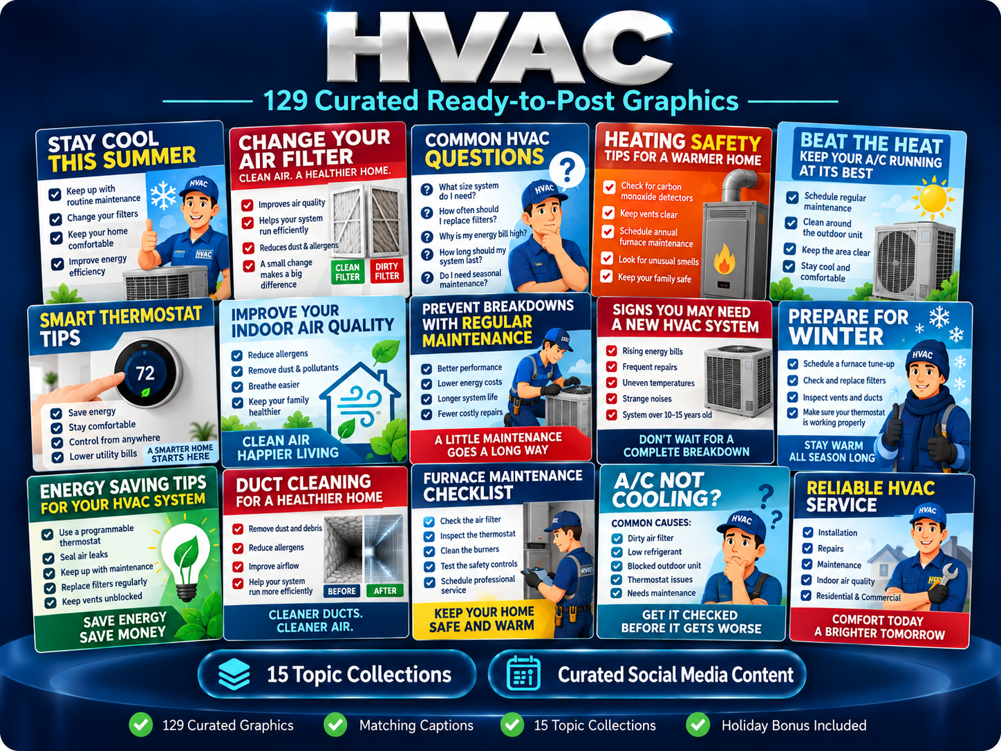 129 curated ready-to-post HVAC social media graphics