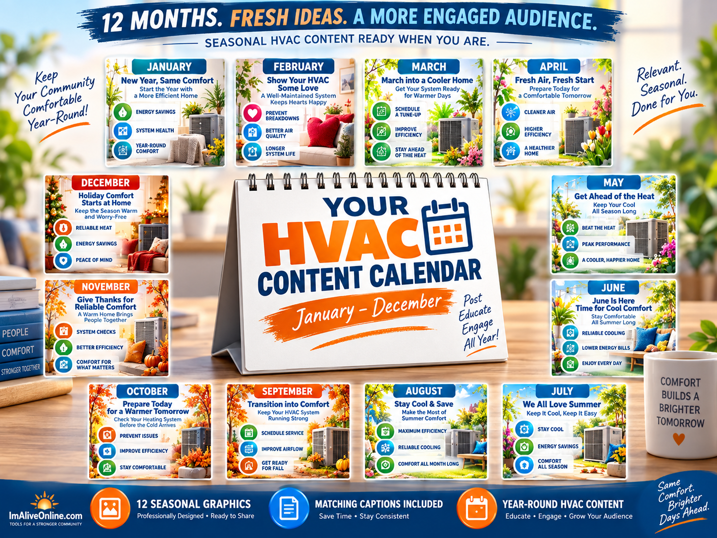 12-month HVAC seasonal content calendar with ready-to-post monthly graphics and matching captions