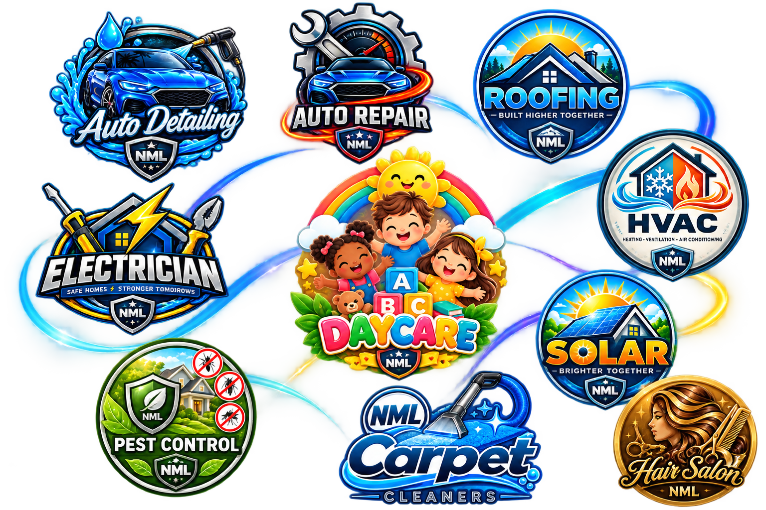 Collage of local business types served by I'm Alive Online including auto detailing, auto repair, carpet cleaning, daycare, electricians, HVAC, hair salons, pest control, roofing and solar