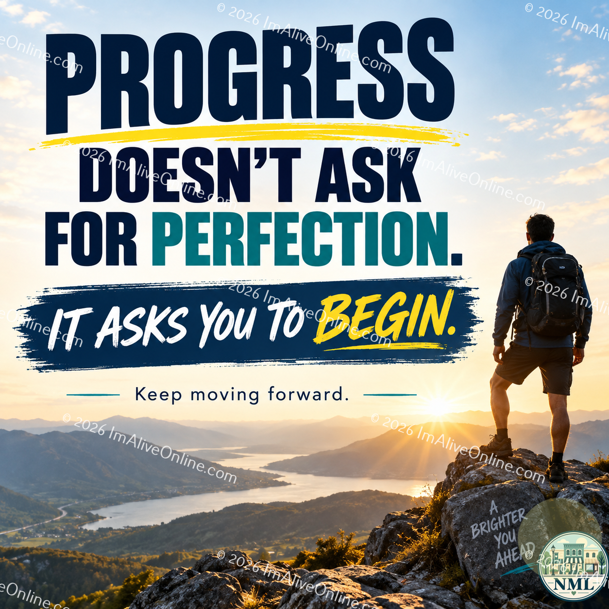 Motivational social media graphic stating progress does not ask for perfection