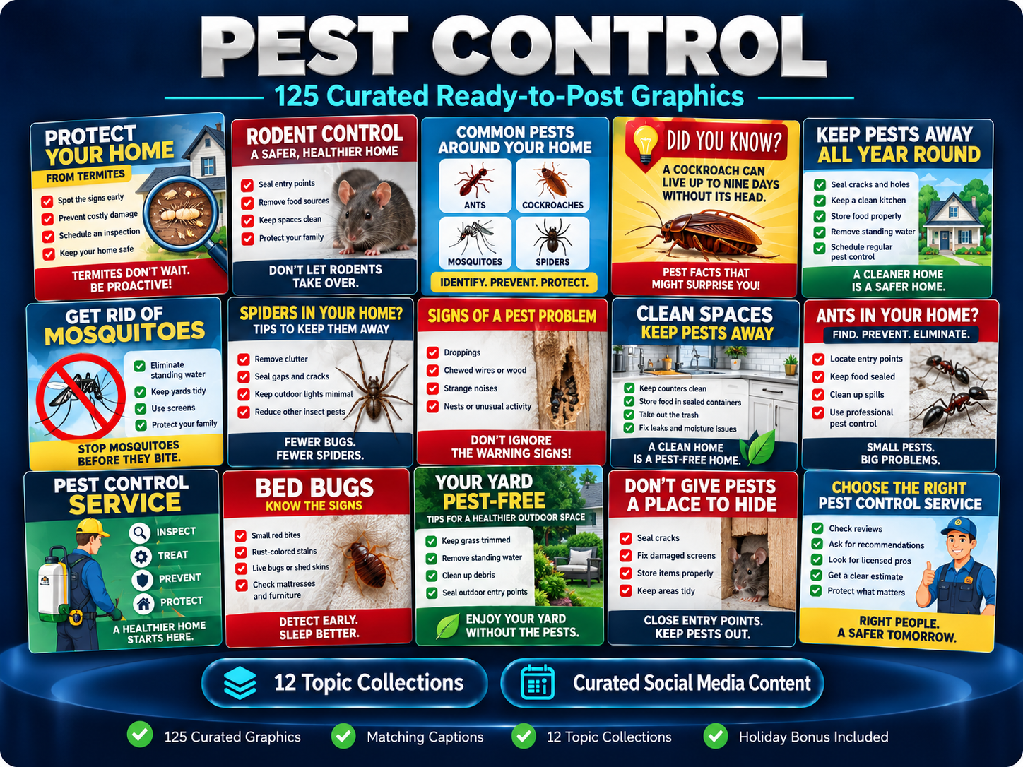 125 curated ready-to-post pest control social media graphics