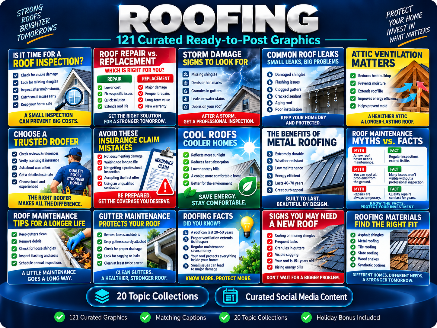 121 curated ready-to-post roofing social media graphics